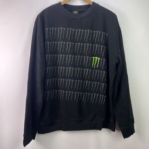 Monster Energy Black Crewneck Sweatshirt Allover Logo Print XL Cotton Blend